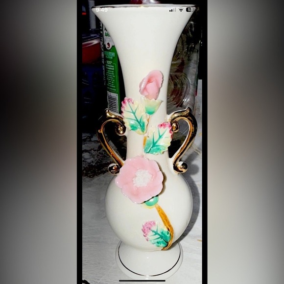 Ucagco Other - Vintage Ucagco Ceramic Japan Vase w/Applied Pink Roses & Leaves & Gilt Handles